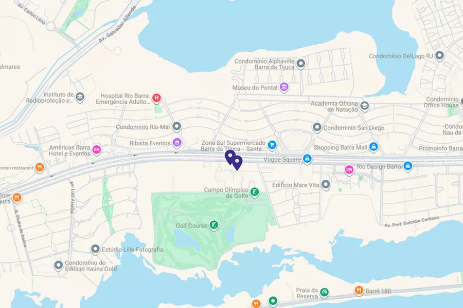 Mapa com a localização dos empreendimentos Patrimar na Barra da Tijuca: Oceana Golf, Atlântico Golf, Icon Golf e Epic Golf
